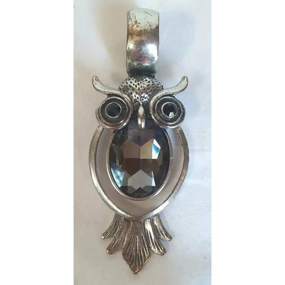 Owl Scarf Accent Or Pendant Vtg Silver Tone Faceted Smokey Glass Eyes Belly READ